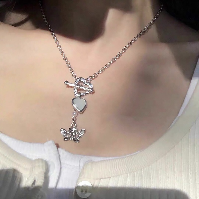 Angel Pearl Necklace Elegant Korean Style Heart Shape Chain Silver Pendant Women Fashion Accessories