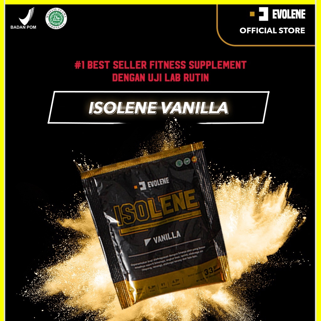 Evolene Isolene Vanilla 1 SACHET - Suplemen fitness pembentuk Otot - Defisit kalori - Susu Protein - Suplemen Fitness - Minuman Protein - Suplemen Workout - Whey protein isolate BPOM HALAL WHEY PRO