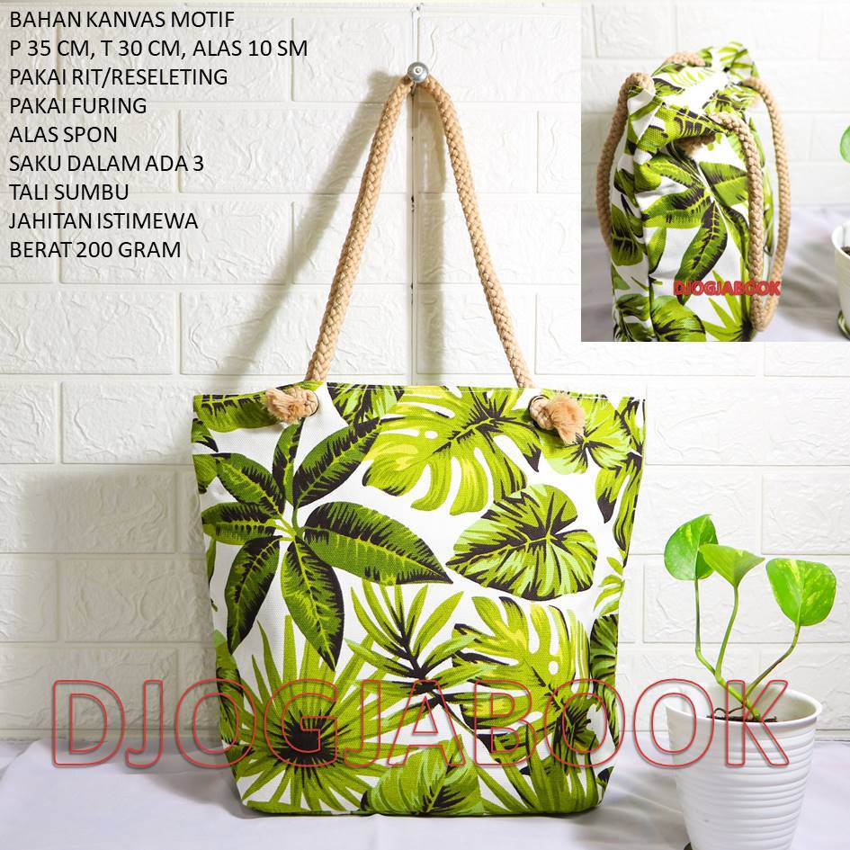 TOTEBAG TALI SUMBU / KEPANG KANVAS MOTIF ADENIA HIJAU. DJOGJABOOK