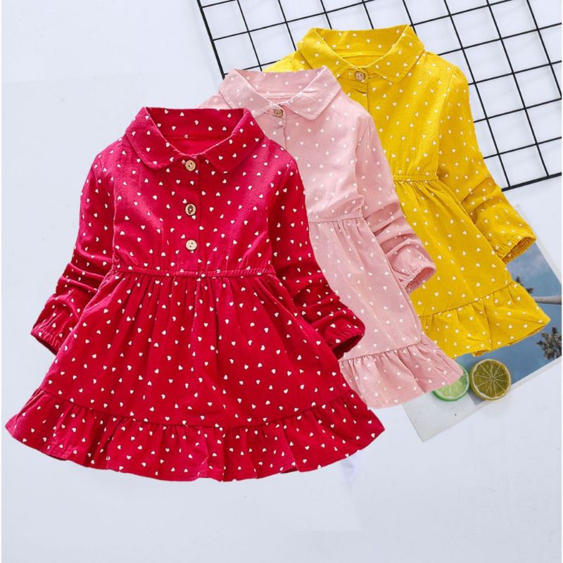 Baju Dress Anak Perempuan Import Dres Karet Pinggang Polkadot Merah Kuning Pink