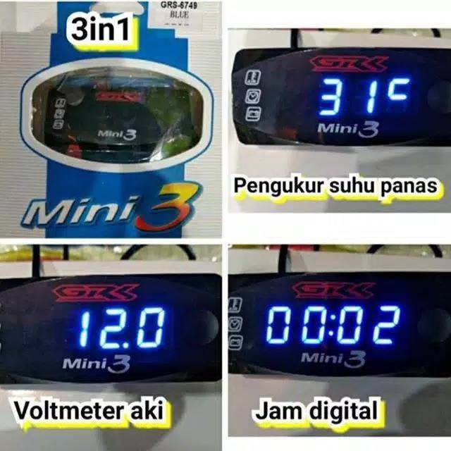 Volt Meter Motor Digital 3in1 Accu Aki,Jam & Temperature