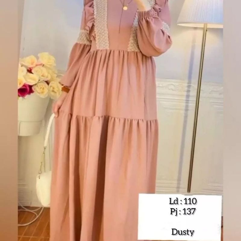 Fashion Wanita Gamis Crinkle Olivia Dress Baju Gamis Remaja Aplikasi Renda Lengan Balon Baju Wanita Kekinian