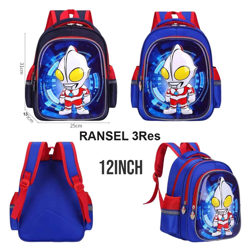 TAS RANSEL SEKOLAH TK / PAUD  ANAK LAKI LAKI GAMBAR JAGOAN ROBOT ULTRA GLOSSY TIMBUL 3Resleting IMPORT ( Luwi 12&quot;  )