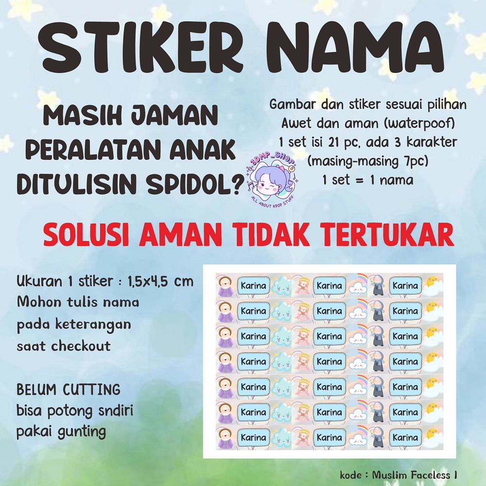 Stiker Nama Custom label buku anak request perempuan muslim