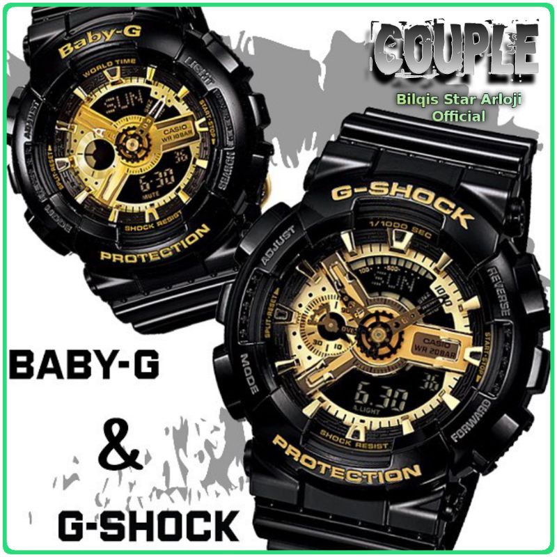 Jam Tangan G-Shock Couple Dual Time Tali Karet Black Gold Original