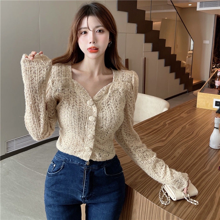 Suhao French Square Neck Lengan Panjang Kemeja Bawahan Renda Wanita Atasan Kemeja Kecil Lengan Panja