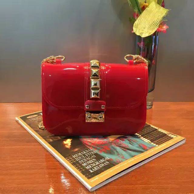 Tas jelly glosy tas slempang wanita pesta merah