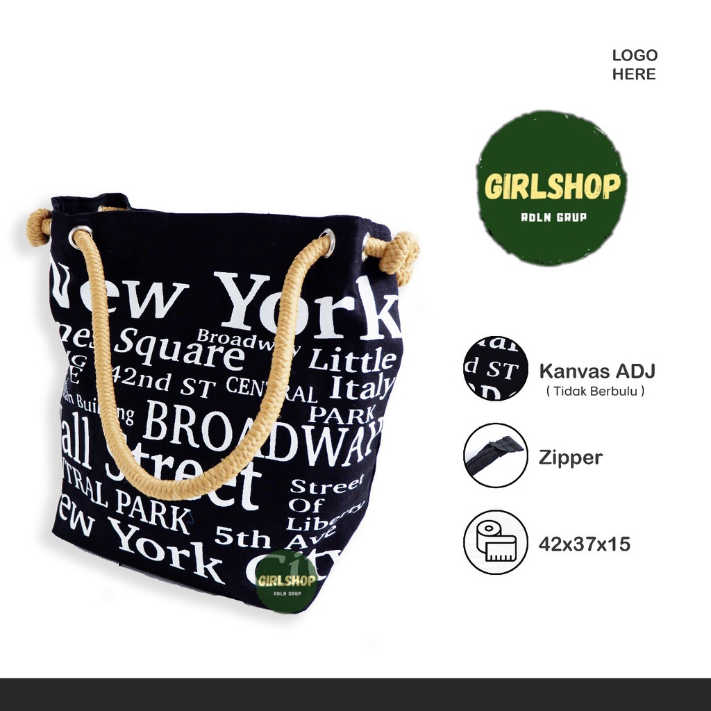 New York Tote Bag Kanvas Tali Sumbu Motif