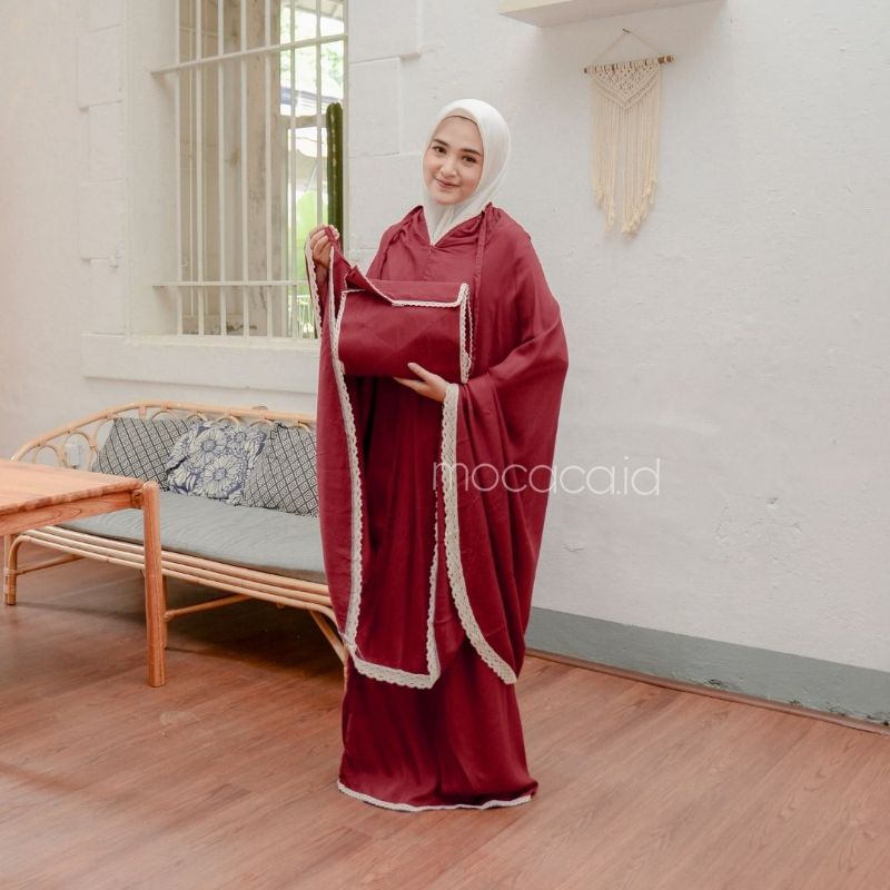 Mukena Dewasa Polos Merah Maroon Marun 3 in 1 Ponco Jumbo free pouch sajadah 2 in 1  travelling bahan katun rayon premium polos