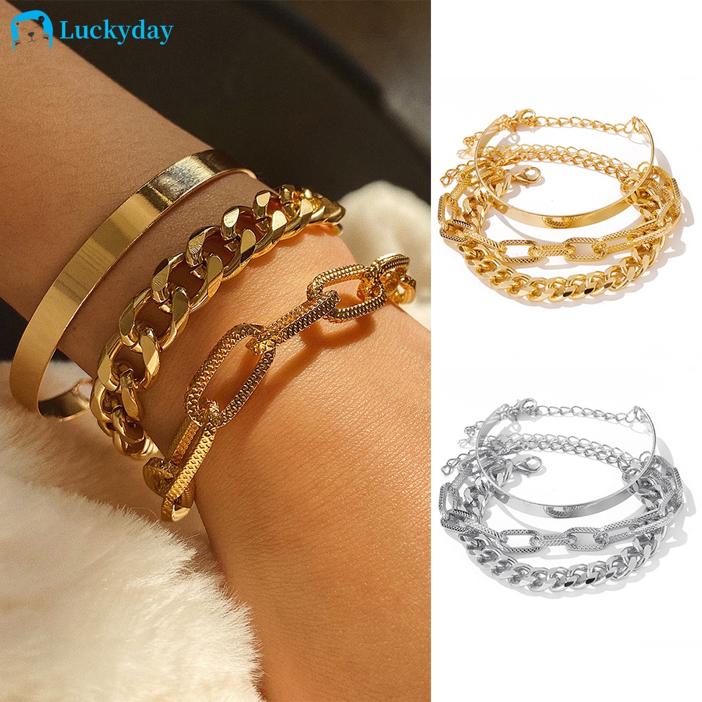 YEEZII 3 Pcs/set Korean Fashion Retro Bracelet Gold Silver Cool Multilayer Chain Women Accessories