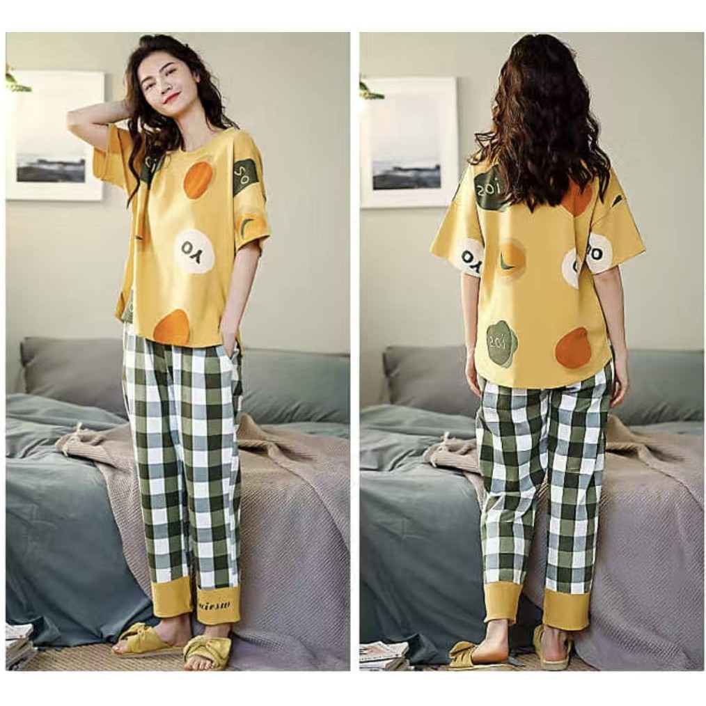 BAJU TIDUR PIYAMA PEREMPUAN CP KATUN IMPORT BERKUALITAS MOTIF KAOS LENGAN PENDEK SETELAN CELANA PANJANG WARNA CERAH CANTIK TERBARU SIZE M-XXL FIT TO 75KG