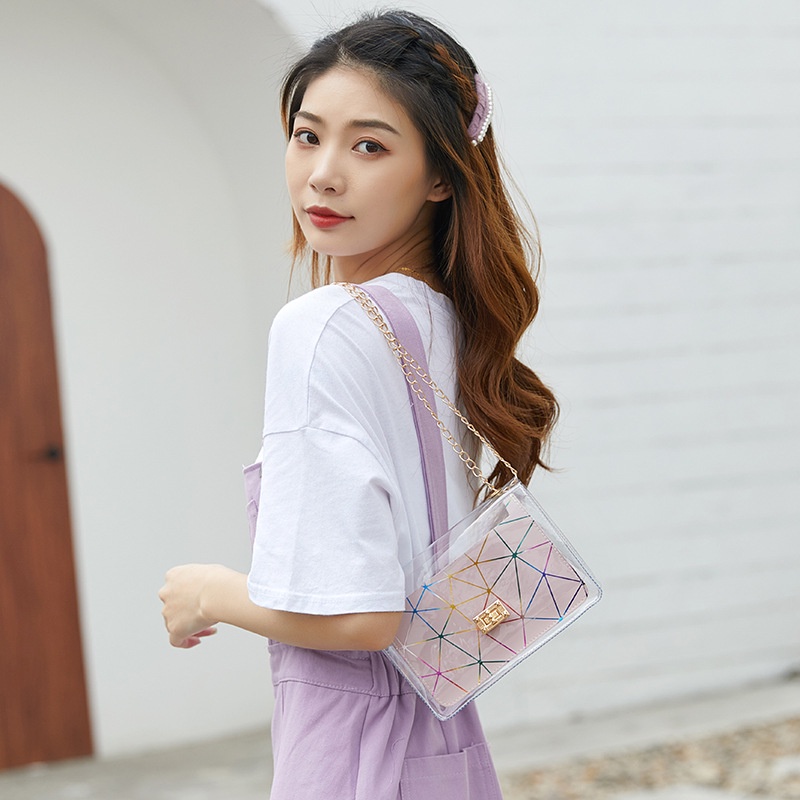 GrosirMart Tas Korea Selempang Jelly Warna Laser Segitiga Rantai DIagonal Tas Bahu Handbag Fashion Terbaru A10