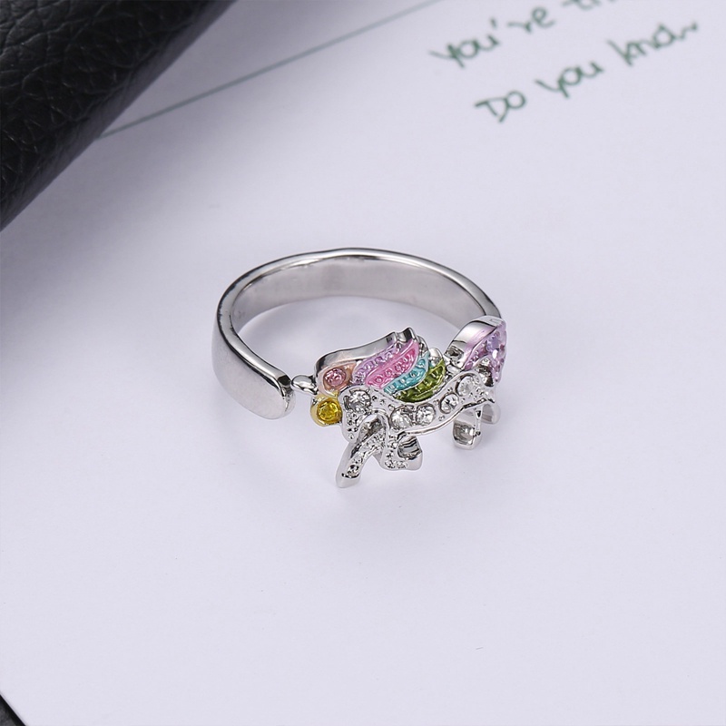 Cincin Model Terbuka Adjustable Desain Kartun Unicorn Aksen Berlian Warna Pelangi