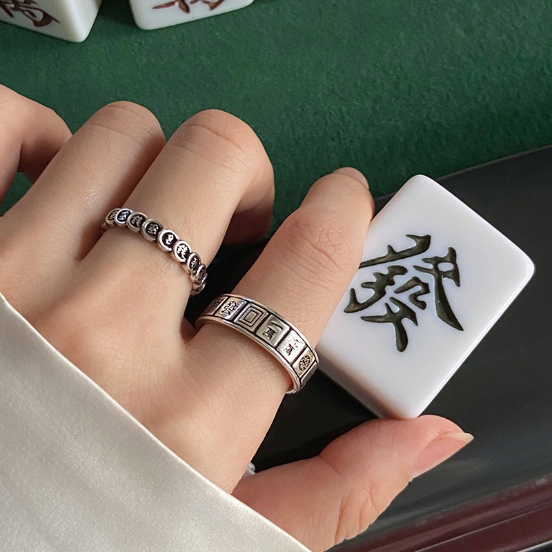 Cincin Model Terbuka Desain Tulisan Mahjong Gaya Korea Retro Untuk Wanita