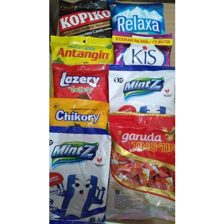 Permen Relaxa 125gr, Kiss 125gr, Lazery 100gr, Chikory 92gr, Antangin 100gr, Kopiko 150gr, Mint Z 115gr, ting.ting 125gr