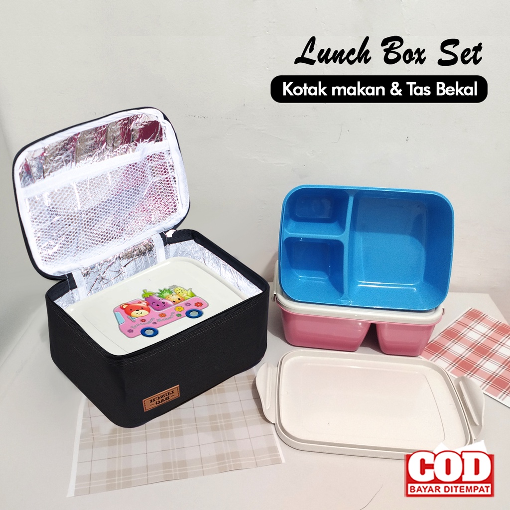 Set kotak makan lunch box set anak kotak bekal lucu lunchbag set waterproof lunchbox plastik sekat 3 anak