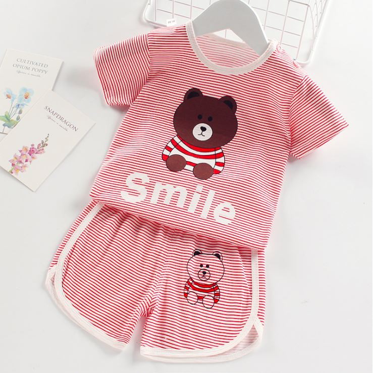 Goblin♛ PB047 COD Baju Jumper Anak bayi Romper Tidur Setelan Celana Pendek Piyama Santai Fashion Korea Import-BEAR MERAH
