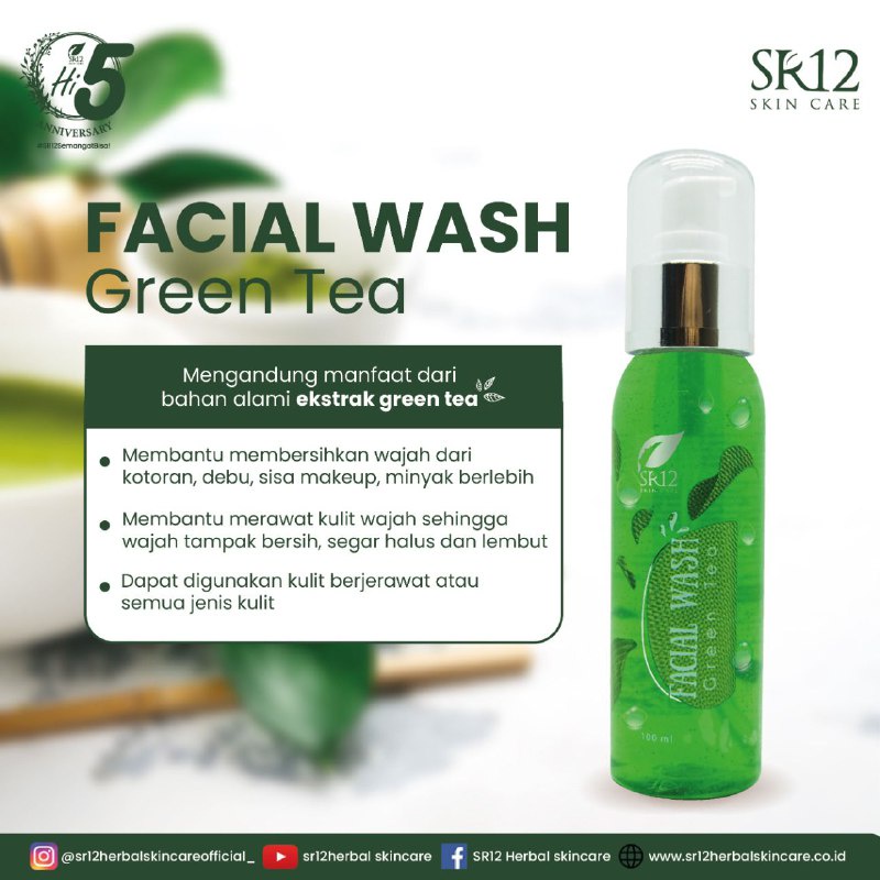 FACIAL WASH GREENTEA SR12 BPOM / MENCERAHKAN WAJAH / SABUN KULIT BERMINYAK BERJERAWAT SENSITIF / saudagarsr12