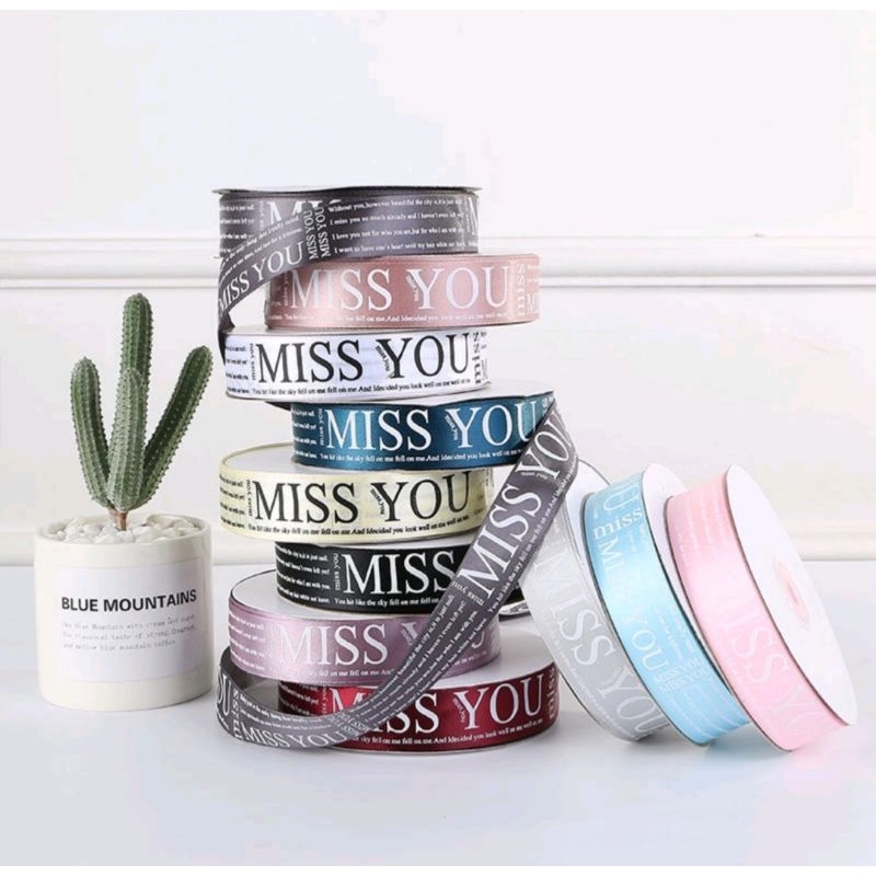 

Pita Satin Motif Miss You Per 1 Yard ( 90cm) ECER Pita Flower Bouquet Ribbon Import Premium Pita Kado Buket Bunga Dekorasi