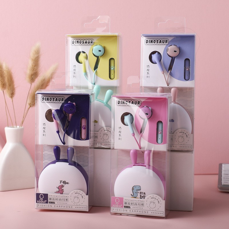 (E001) SET HEADSET EARPHONE &amp; WADAH SIMPAN MOTIF KARAKTER LUCU / HEADSET KAWS / EARPHONE DINOSAURUS