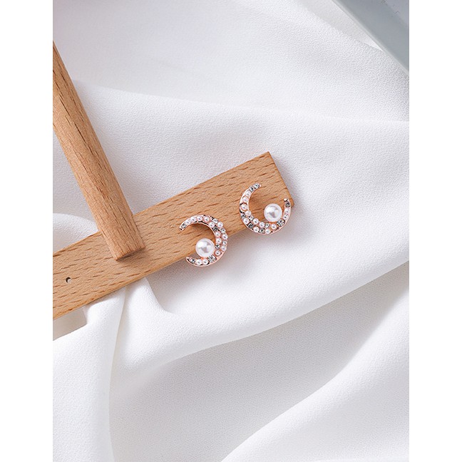 LRC Anting Tusuk Fashion Rose Gold Silver Needle Moon Planet Pearl Zircon Asymmetrical F48270