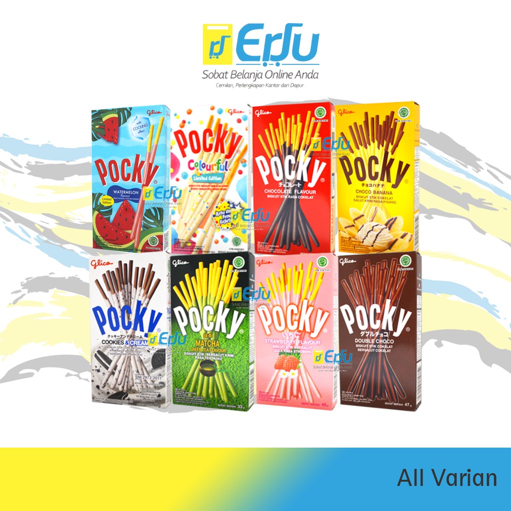 

VARIAN Glico Pocky Kue Biskuit Stick Rasa Coklat Semangka Strawberry Matcha Colourful Halal MUI