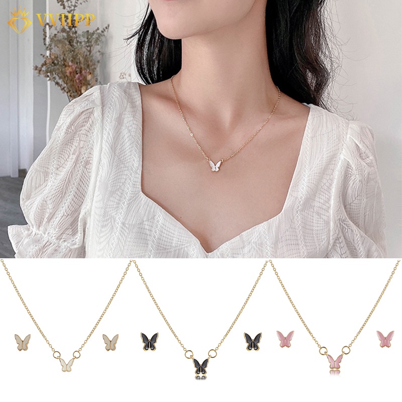 Set Kalung Dan Anting Rantai Desain Kupu-Kupu Warna-Warni Untuk Wanita