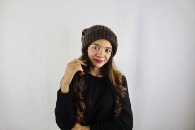 Topi Kupluk Rajut Wool Hat Beanie Folded Stripe Winter Musim Dingin