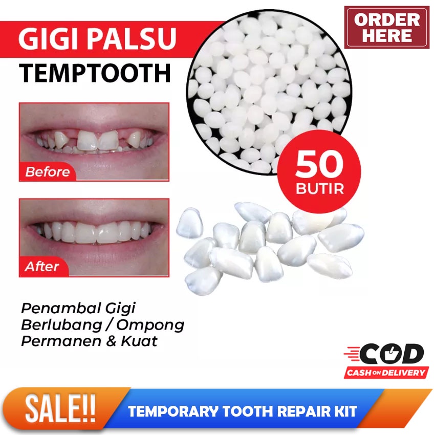 COD - [ 50 BUTIR ] Penambal Gigi Berlubang Temptooth Gigi Palsu Atas Bawah Penutup Gigi Berlubang