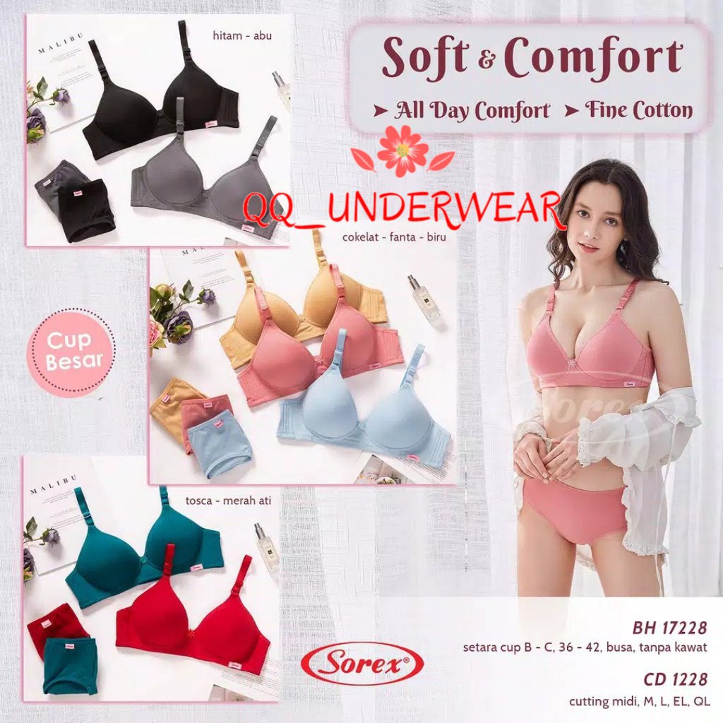 Bra Sorex 17228 Tanpa Kawat Cup Besar Kait 3 / BH SOREX 17228 Busa Tipis 36-42 Katun / Bra Sorex 17228 / Bh Sorex 17228