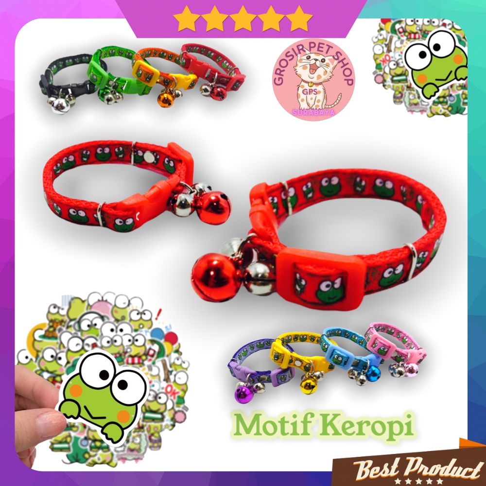 Kalung Kucing Anjing Motif Keropi keroppi / Cat Collar kalung kucing lucu Lonceng Isi 3 Buah / Kalung Kucing Tali Harness &amp; Brangus