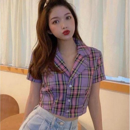 TBI Vintage Crop Top Lisa Plaid Baju Kotak Wanita Korea Style Blackpink - RED - LOKAL