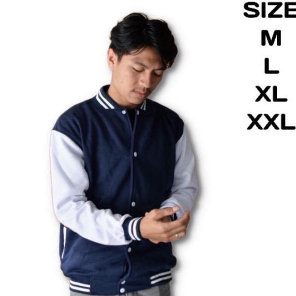 Jaket Baseball polos kancing bahan tebal nevi putih