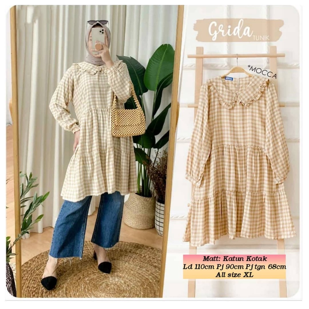 Tunik Ruffle Jumbo Grida Long / Katun Motif Kotak Original LILAC / ATASAN Murah COD