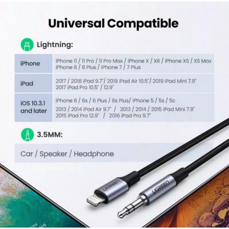 Ugreen Lightning to Aux 3.5mm Male - Ugreen Jack 3.5mm to Lightning Mfi for IPhone