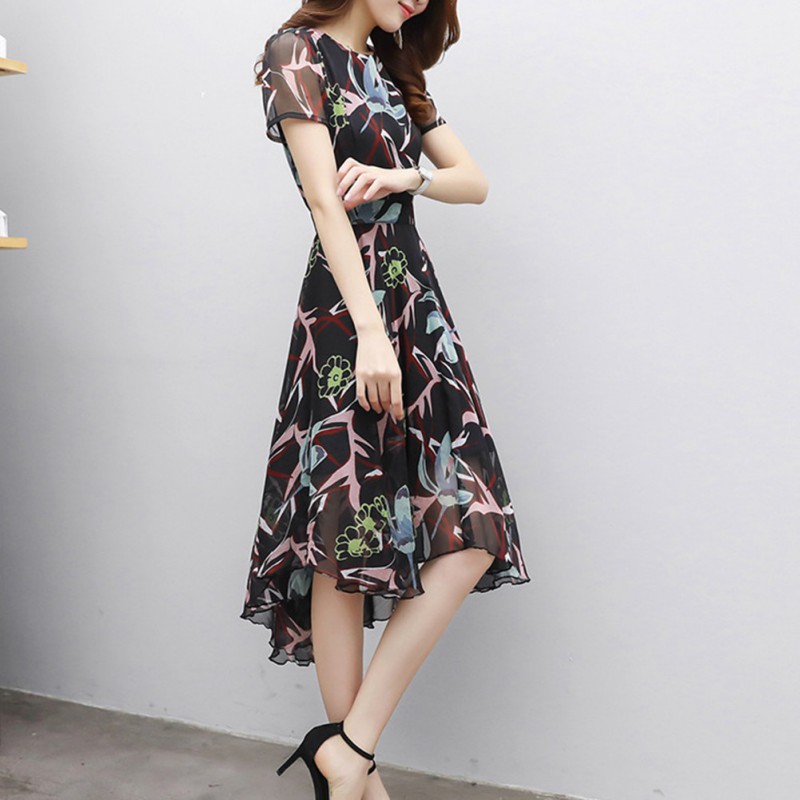 Dress Temperament Slim Elegan Gaya Korea Bahan Sifon Motif Bunga