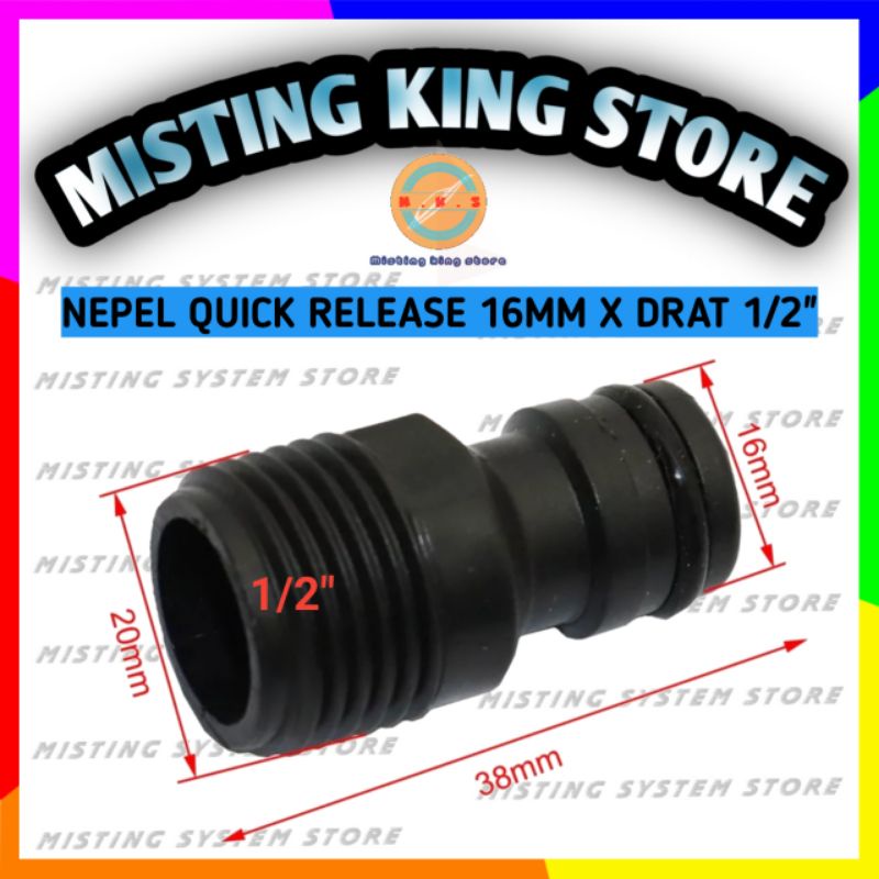 KONEKTOR NEPEL QUICK RELEASE 16MM X FITTING DRAT LUAR 1/2 INCH MALE THREAD - QUICK CONNECTOR 16 MM X 0.5&quot;