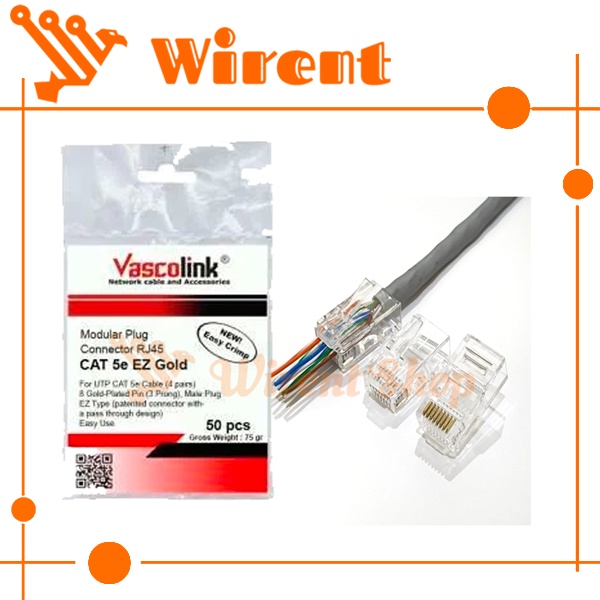 Connector Rj45 UTP Cat5 VASCOLINK EZ Gold isi 50 ANTI GAGAL konektor