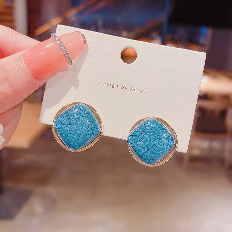 Anting Stud 925 silver needle Bentuk Kubus Kecil Warna Biru Gaya Klasik