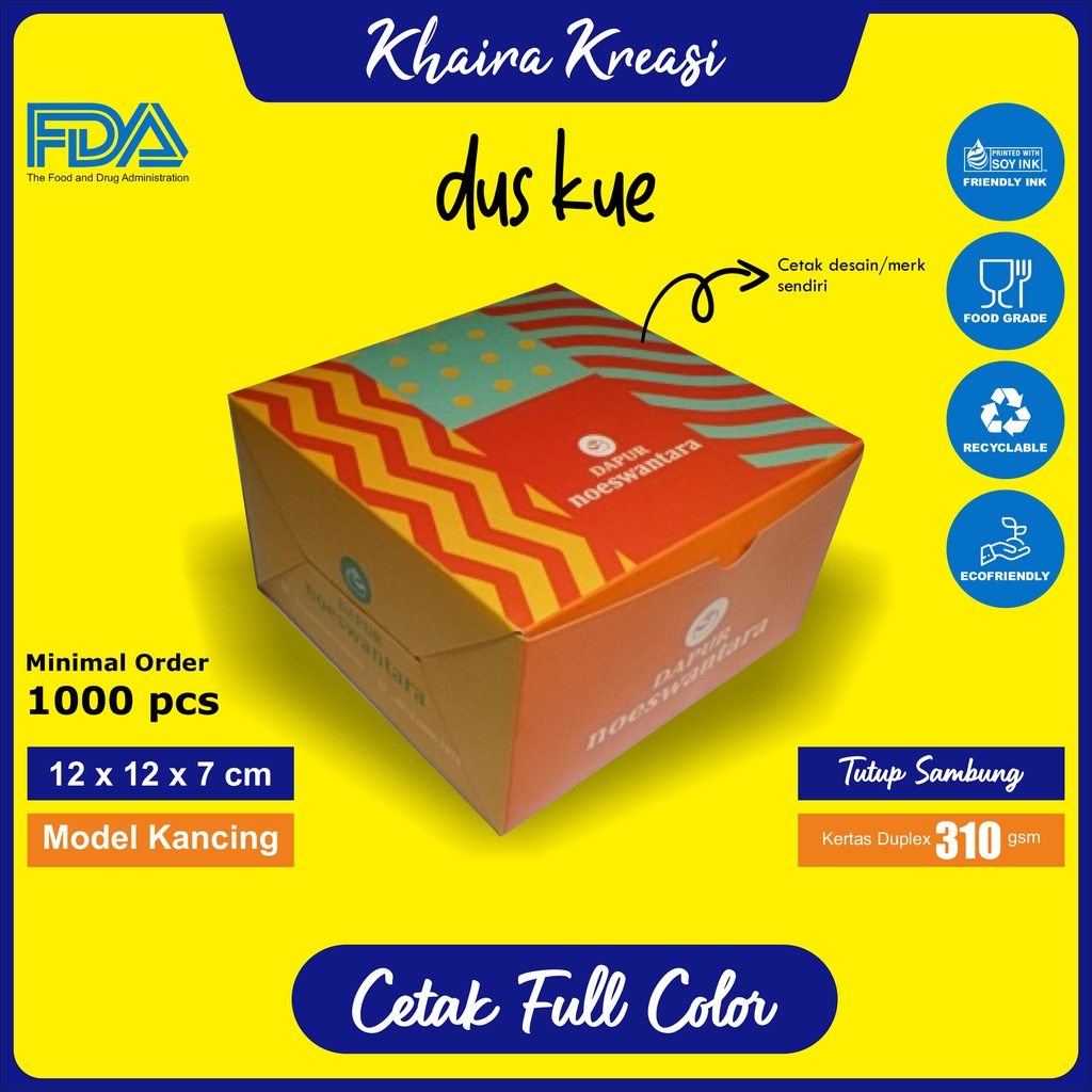 

Cetak Custom Dus Kue / Dus Snack / Kotak Kue / Snack Box / Ukuran 12x12x7 cm (Tutup Sambung) Minimal 1000 Pcs / Cetak Full Color
