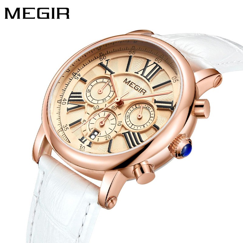 MEGIR 2058 Jam Tangan Wanita Analog Chronograph Tanggal Aktif Tali Kulit WATCHKITE WKOS