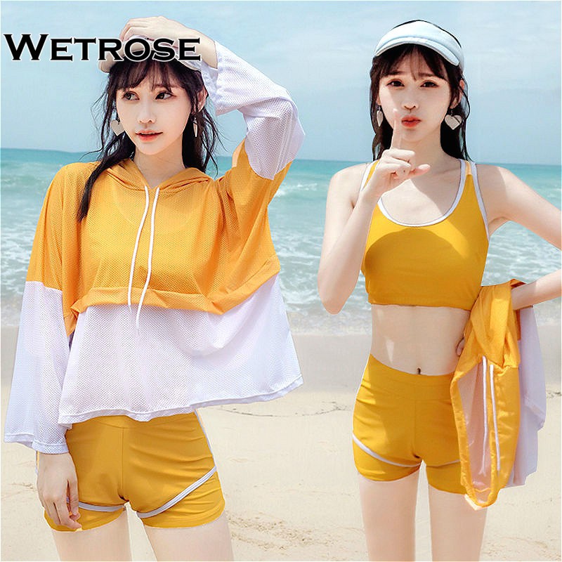 【Wetrose】3Pcs Set Gaya Korea Wanita Bikini Renang Gadis Muda Datar Rok Keren Baju Renang Swimwear