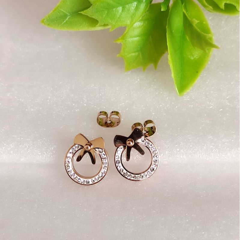 Anting Tusuk Titanium Permata Warna Rosegold Wanita