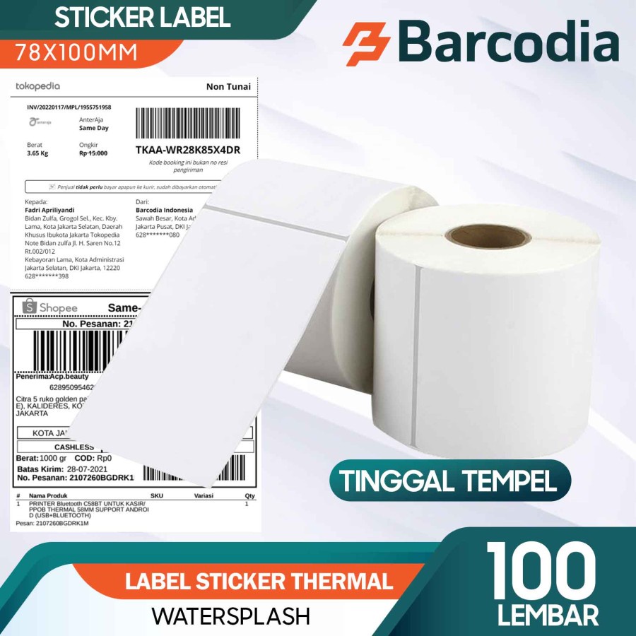 Label Sticker Barcode 78x100mm Thermal (7,8 Cmx10cm 100Pcs ) / Kertas STiker Thermal 78x100 isi 100pcs - Label Alamat Pengiriman