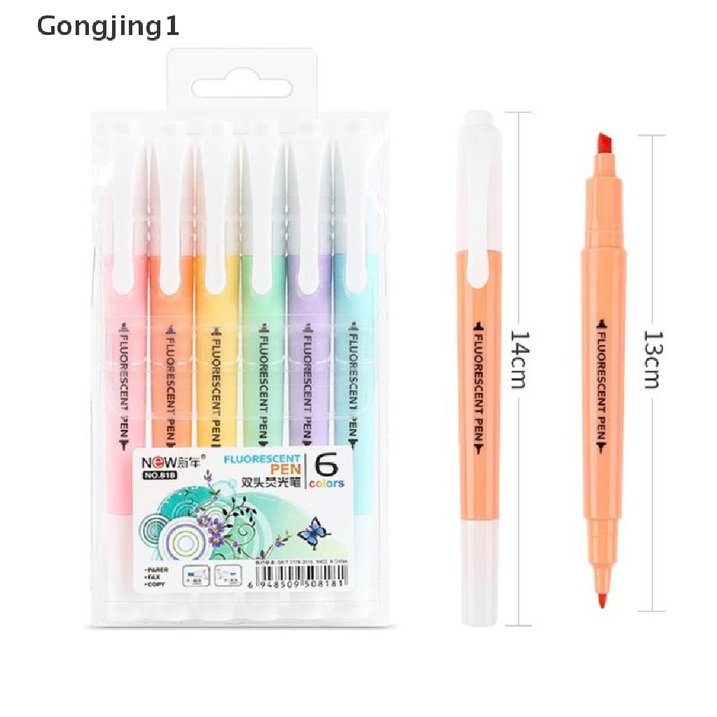 Gongjing1 6Pcs / Set Spidol Highlighter Dua Sisi Warna Pastel Fluorescent