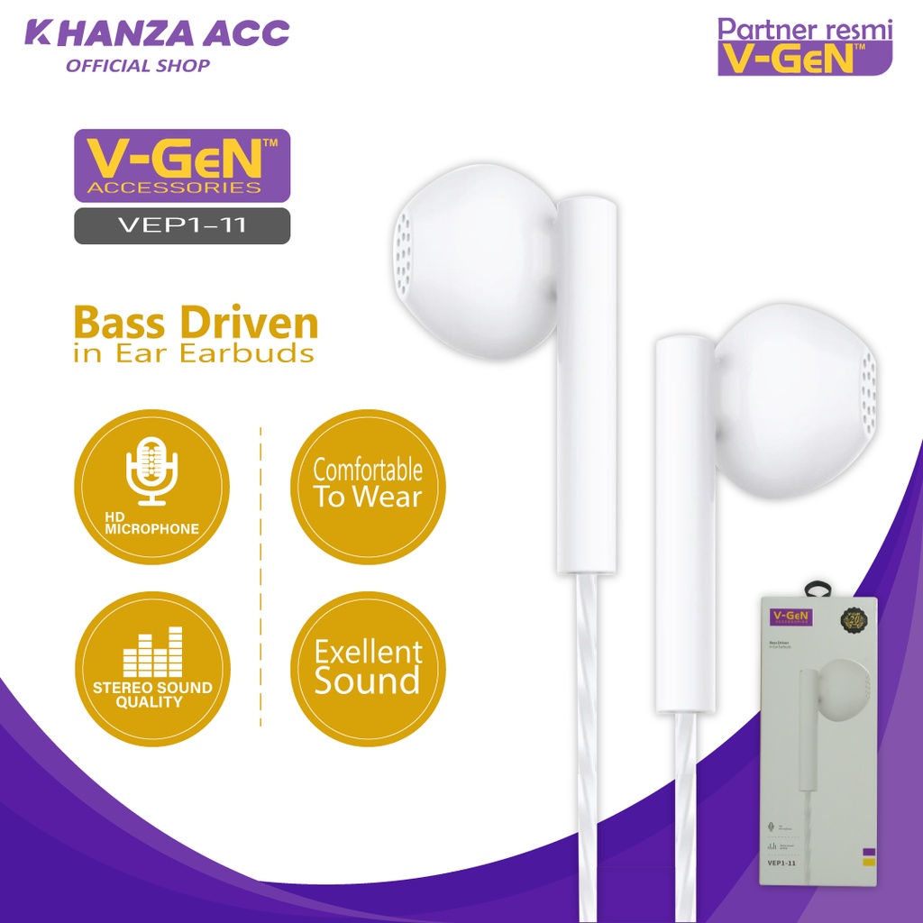 KHANZAACC Earphone VGEN VEP1-11 Wired Handsfree Headset Stereo Sound