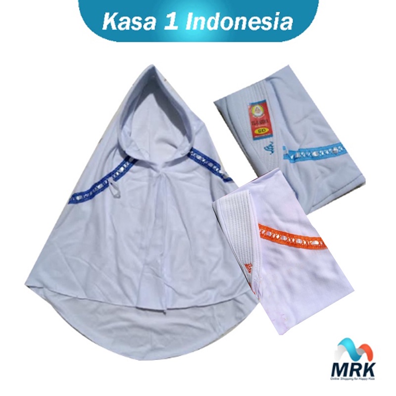 Jilbab Sekolah Anak Perempuan TK / PAUD Warna Putih List Biru / Orange