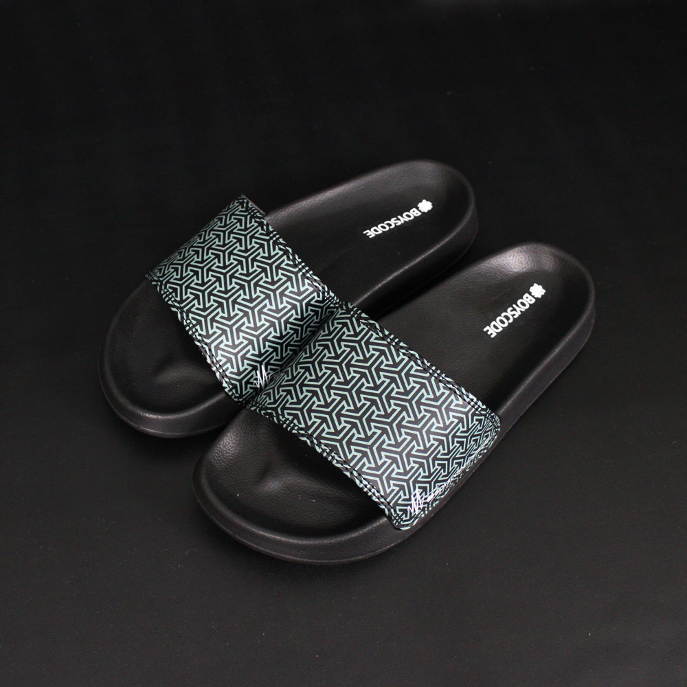 Sendal Selop Pria Wanita Distro Boyscode Triangle Motive Black Grey / Sendal Slip On Pria / Sendal Slide Pria