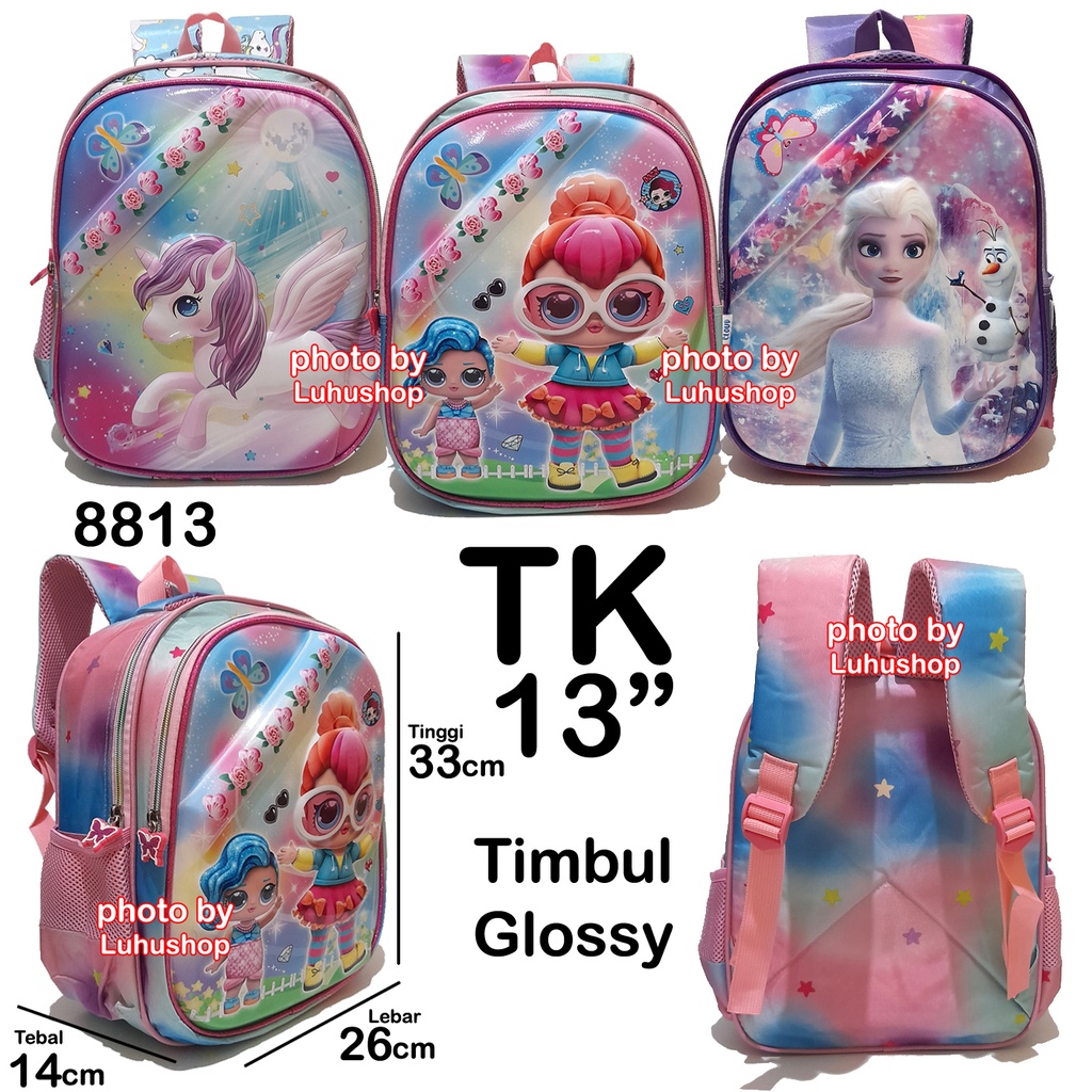 Tas Timbul Glossy SD TK Ransel Sekolah Cewe Tas Anak Perempuan  Unicorn LOL Frosen Owl Burung Hantu Ice Cream Boba