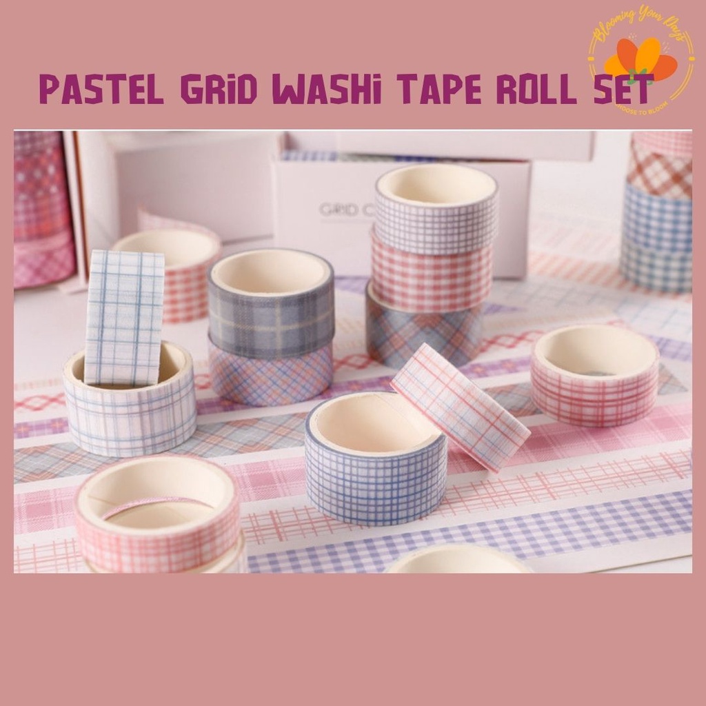 Bloomingyourdays Pastel Washi Tape 6pcs rolls Kotak Grid Masking Tape Set Gingham Pattern Grid